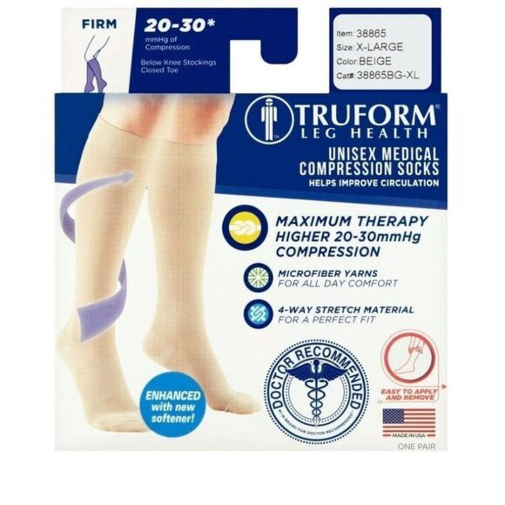Truform Compression Socks Knee High Closed Toe Firm 20-30 Size XL XLarge Beige‎